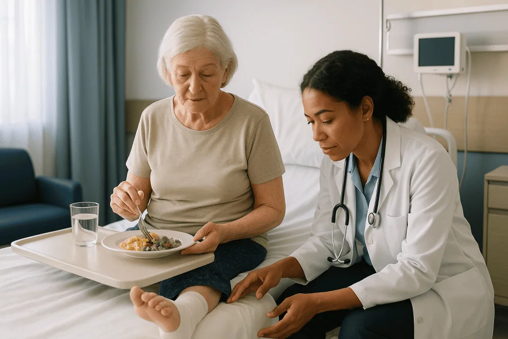 Doctor examining elderly patient's leg in hospital bed: Why wound healing is the first thing surgeons watch