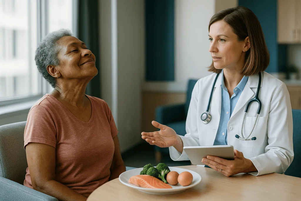 Doctor consulting patient with healthy food plate: Why you cannot overdose from sunshine or food