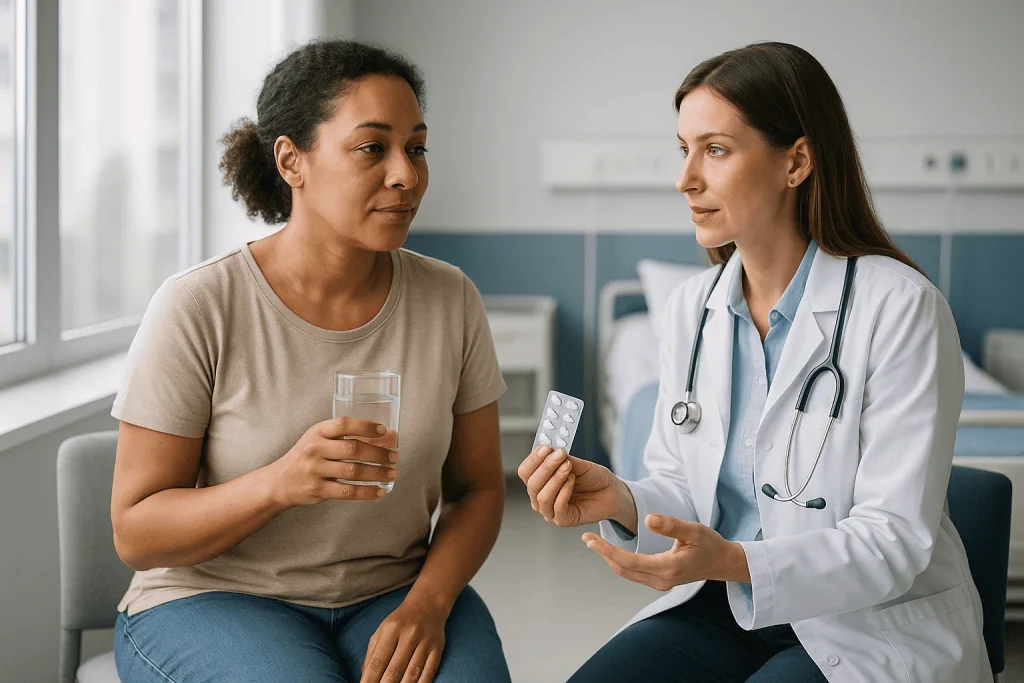 Female doctor consulting patient about medication in clinic: Why you feel better days before the infection is gone