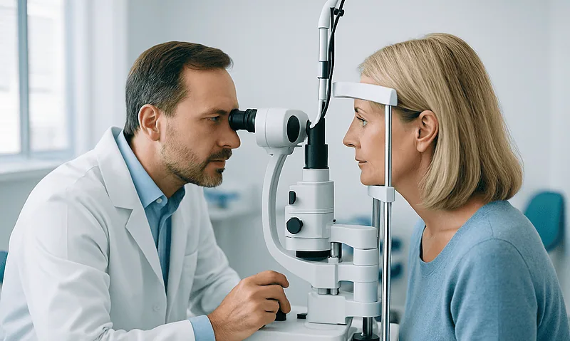Ophthalmologist examining a woman's eyes with a slit lamp in a clinic.