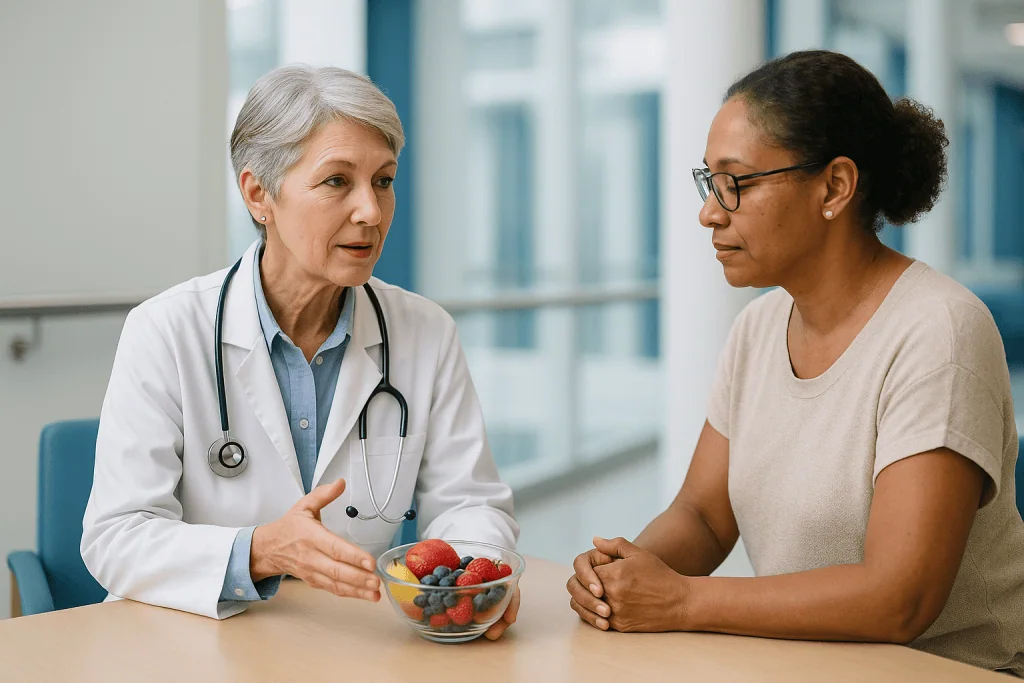 Doctor consulting patient with bowl of fresh berries: Why your microbiome loves polyphenols