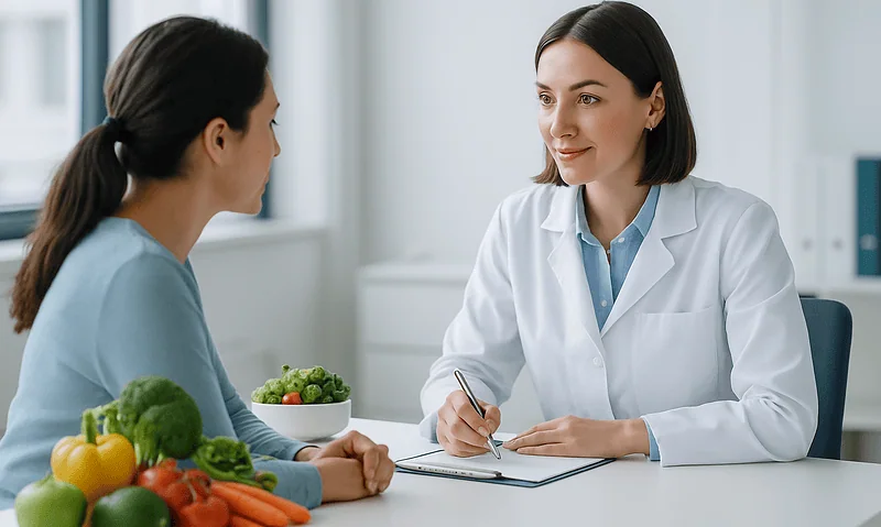 Doctor consulting with patient about health and nutrition before hair transplant.
