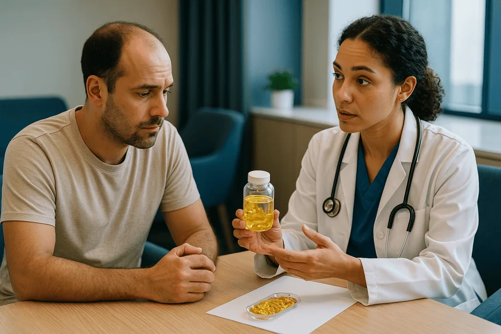 Doctor consulting patient about supplements and vitamins: Why your team asks about supplements before a sapphire hair transp