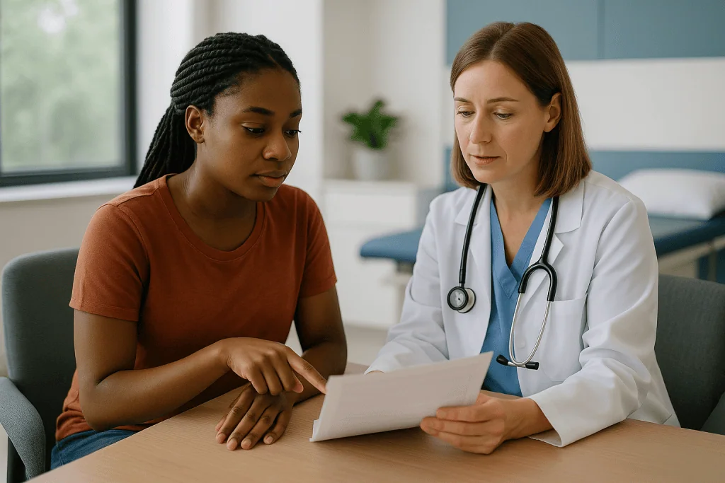 Doctor consulting with patient using tablet in clinic: Why your transfusion and red cell antibody history is the most import