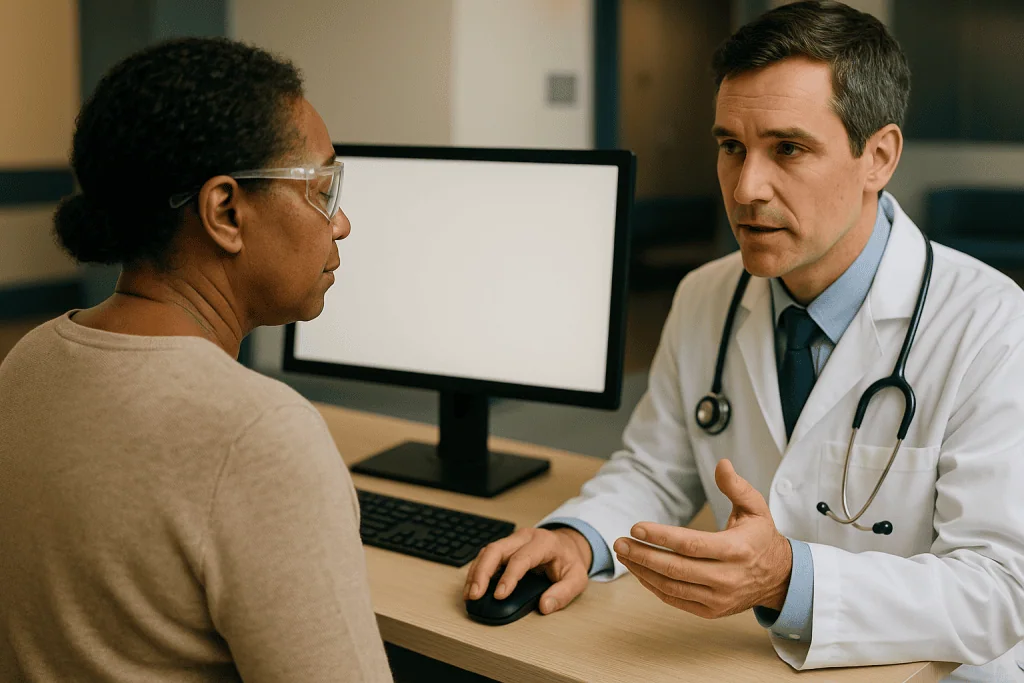 Doctor and patient in consultation at desk with computer: Working after PRK: why the surface, not the laser, sets your timel