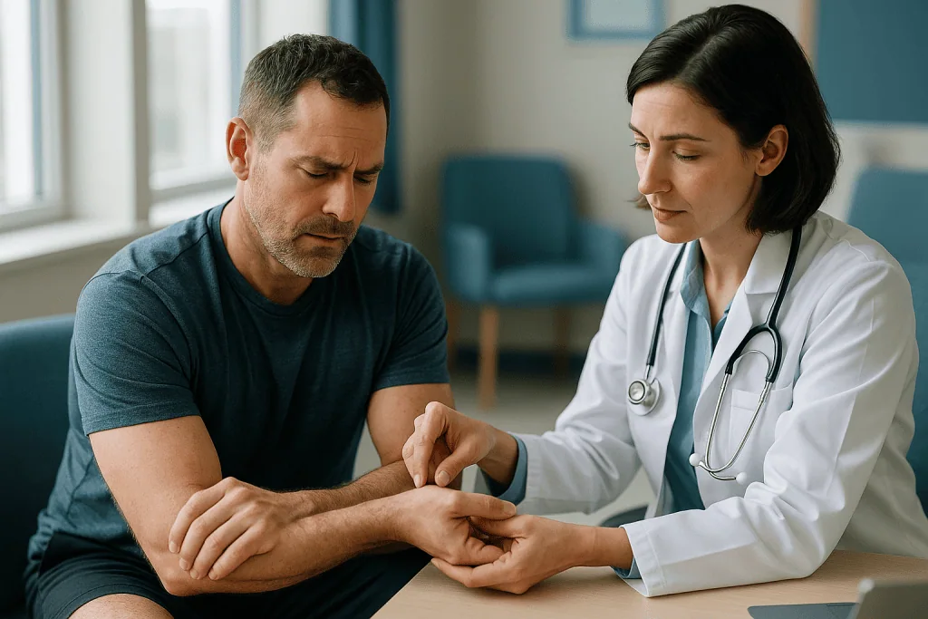 Doctor examining patient's wrist and hand: Wrist pain from weightlifting: the front rack, the bench press and the little-fin