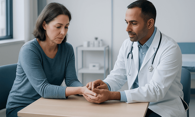Doctor examining a woman's wrist in a medical consultation room.