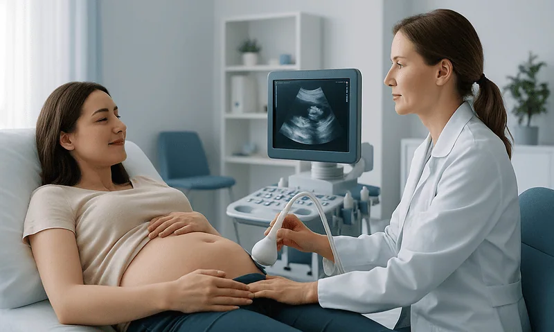Blog 12 Pregnant woman having ultrasound exam at hospital.
