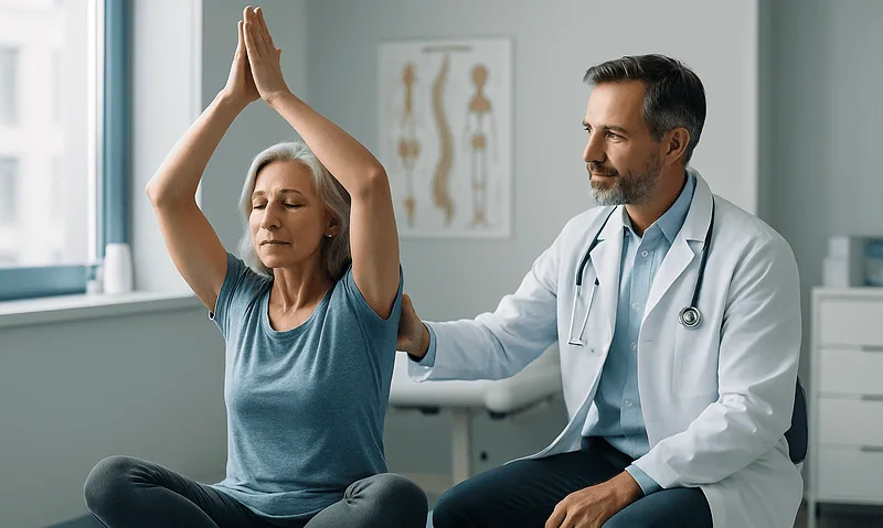 Blog 3 Doctor assisting woman with yoga pose for back pain relief in clinic.