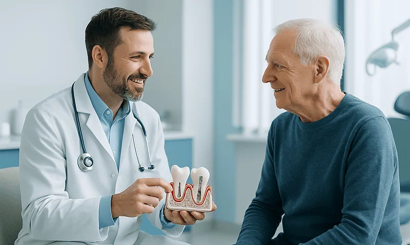 Dentist explaining dental implant options to elderly patient with model.