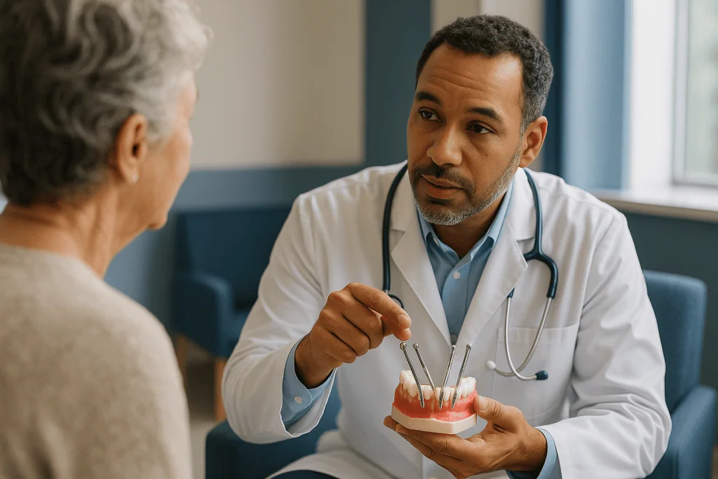 Dentist explaining dental implant model to senior patient: Zygomatic implants vs sinus lift: what actually happens on the da